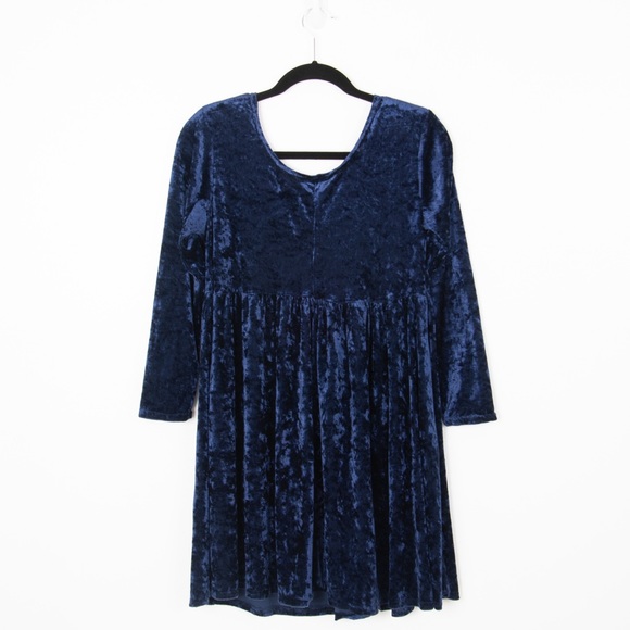 Vintage 80’s City Sites Navy Blue Crushed Velvet Long Sleeved Mini Dress - Picture 7 of 9